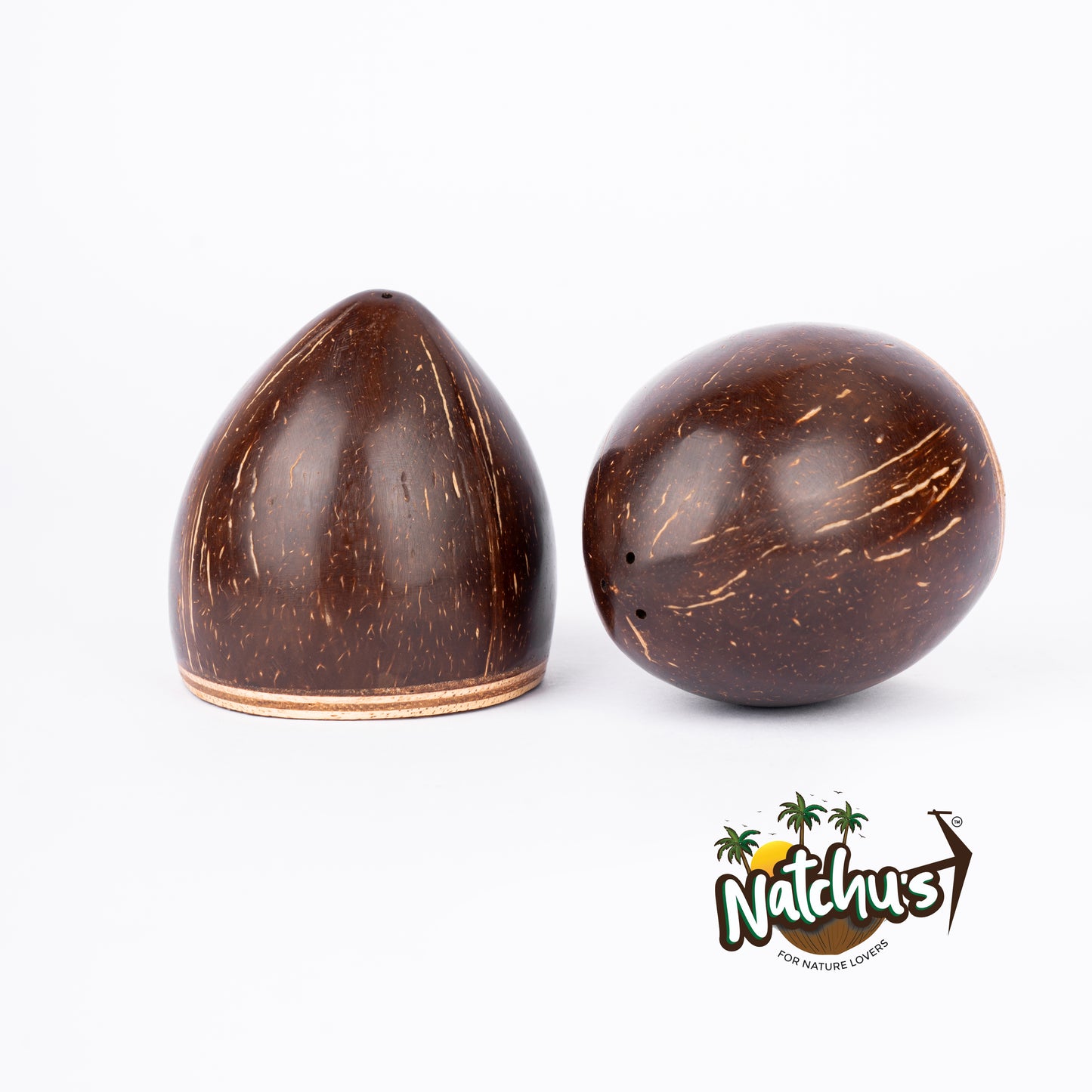 Natchu's Coconut Shell and wood based Salt/Pepper Shaker in Conical Shape with Engraving (Set of 2)