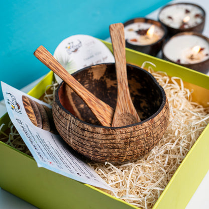 Gifting Natchu's Coconut Shell based Designer Rice Bowl (900ml) Horizontal Design Type-1 with Spoon & Fork Combo (Set of 1 each)