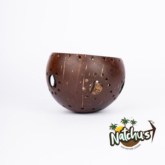 Natchu's Coconut Shell based Holder Glossy Floral Design with Larger holes (Set of 2)