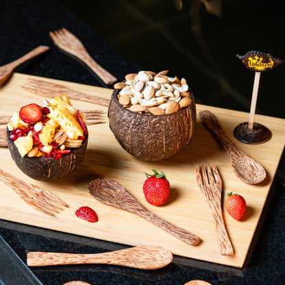 Natchu's Coconut Shell and wood based Mattee Bowl (250ml), Spoon and Fork Combo (Set of 2 each)