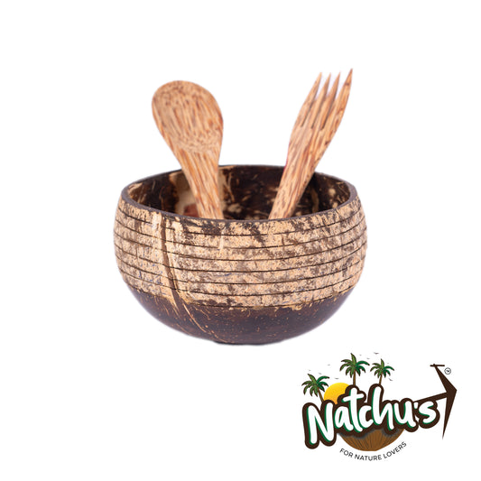 Natchu's Wooden Circular Plate(10")(Set of 1)  with Designer Rice Bowl (900ml) Horizontal Design Type-2 with Spoon & Fork Combo  (Set of 2 each)