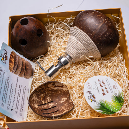 Gifting Natchu's Coconut Shell based Soap Dispenser, Toothbrush holder and Soap Tray (Set of 1 each)