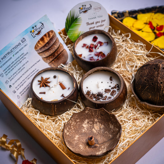 Gifting Natchu's Coconut Shell based Dhoop stand(Set of 1), Agarbatti Stand(Set of 1) and  Candles as Glossy Round (100ml) Bowls filled with Rose & Spices Toppings (Set of 1 each)