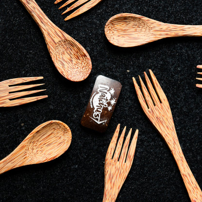 Natchu's Coconut Shell and wood based Glossy Bowl (250ml) , Spoon & fork Combo (set of 2 each)