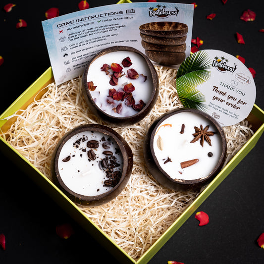 Gifting Natchu's Coconut Shell based Candles as Glossy Round (150ml) Bowls filled with Rose, Spices & Coffee BeansToppings (Set of 1 each)