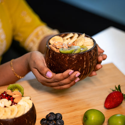 Natchu's Coconut Shell and wood based Glosyy Bowl(450ml) , Spoon & fork Combo (Set of 2 each)