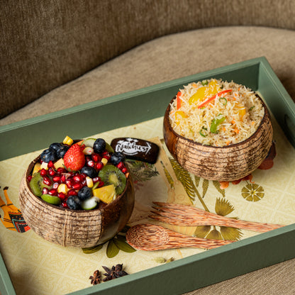 Natchu's Coconut Shell based Designer Rice Bowl (900ml) Vertical Design Type-1 with Coconut wood based  Spoon & Fork Combo  (Set of 1 each)