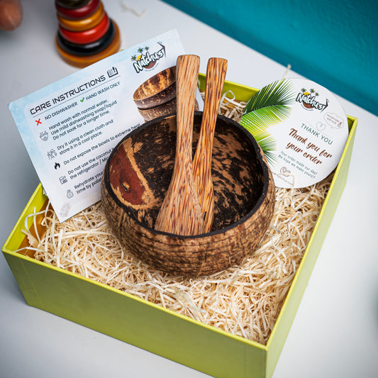 Gifting Natchu's Coconut Shell based Designer Rice Bowl (900ml) Horizontal Design Type-1 with Spoon & Fork Combo (Set of 1 each)