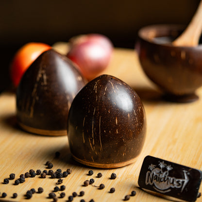 Natchu's Coconut Shell and wood based Salt/Pepper Shaker in Conical Shape with Engraving (Set of 2)