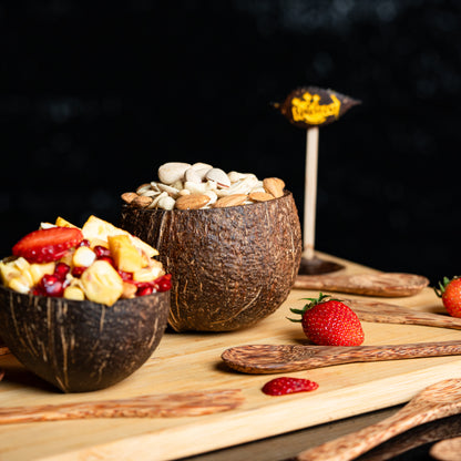 Natchu's Coconut Shell and wood based Mattee Bowl (250ml), Spoon and Fork Combo (Set of 2 each)