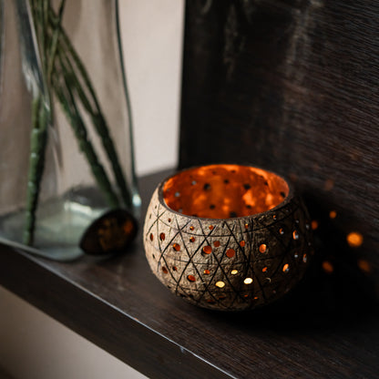 Natchu's Coconut Shell based Candle Holder Geometrical Mattee Design (Set of 2)