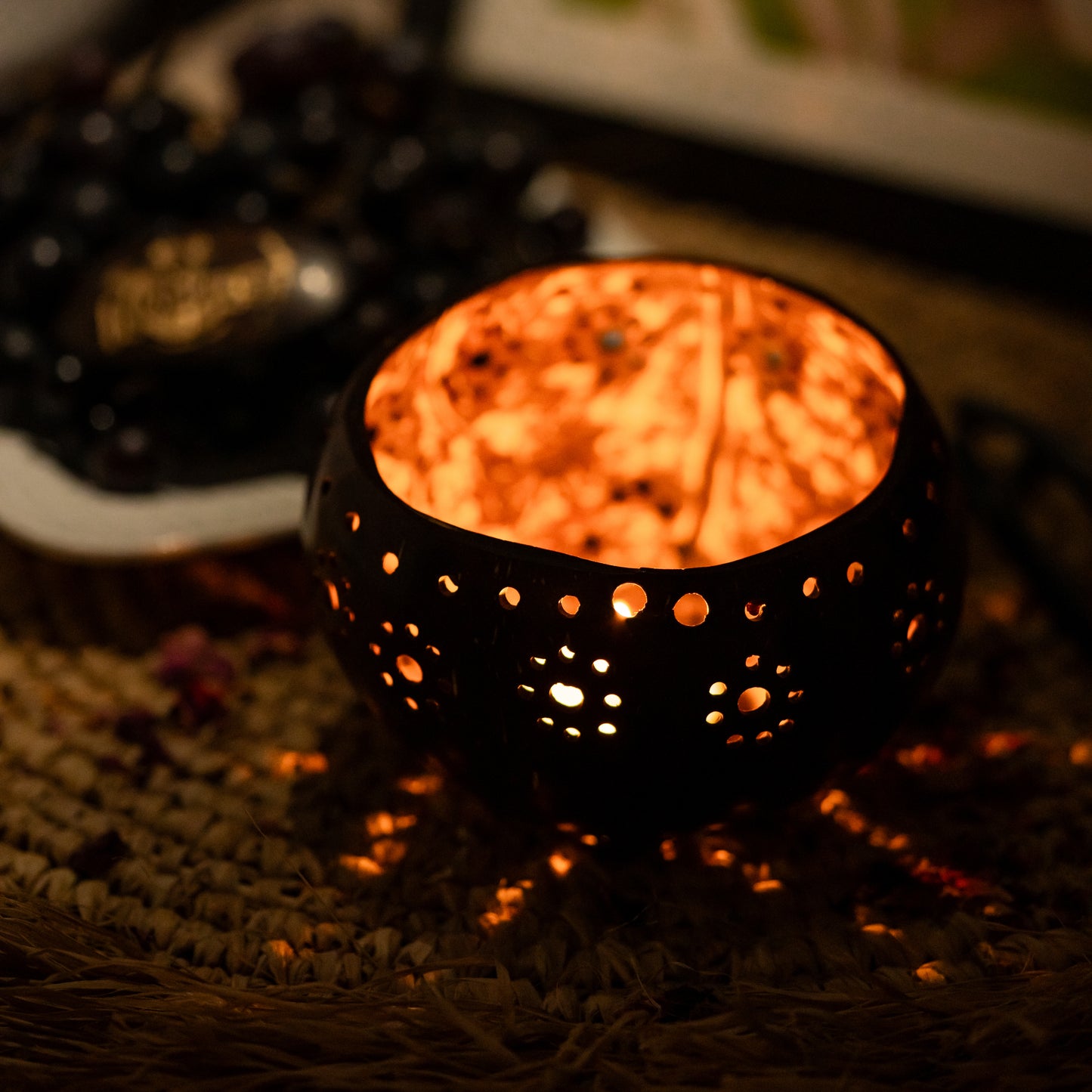 Natchu's Coconut Shell based Candle Holder Glossy Floral Design with small Holes (Set of 2)