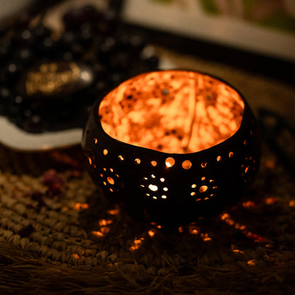 Natchu's Coconut Shell based Candle Holder Glossy Floral Design with small Holes (Set of 2)