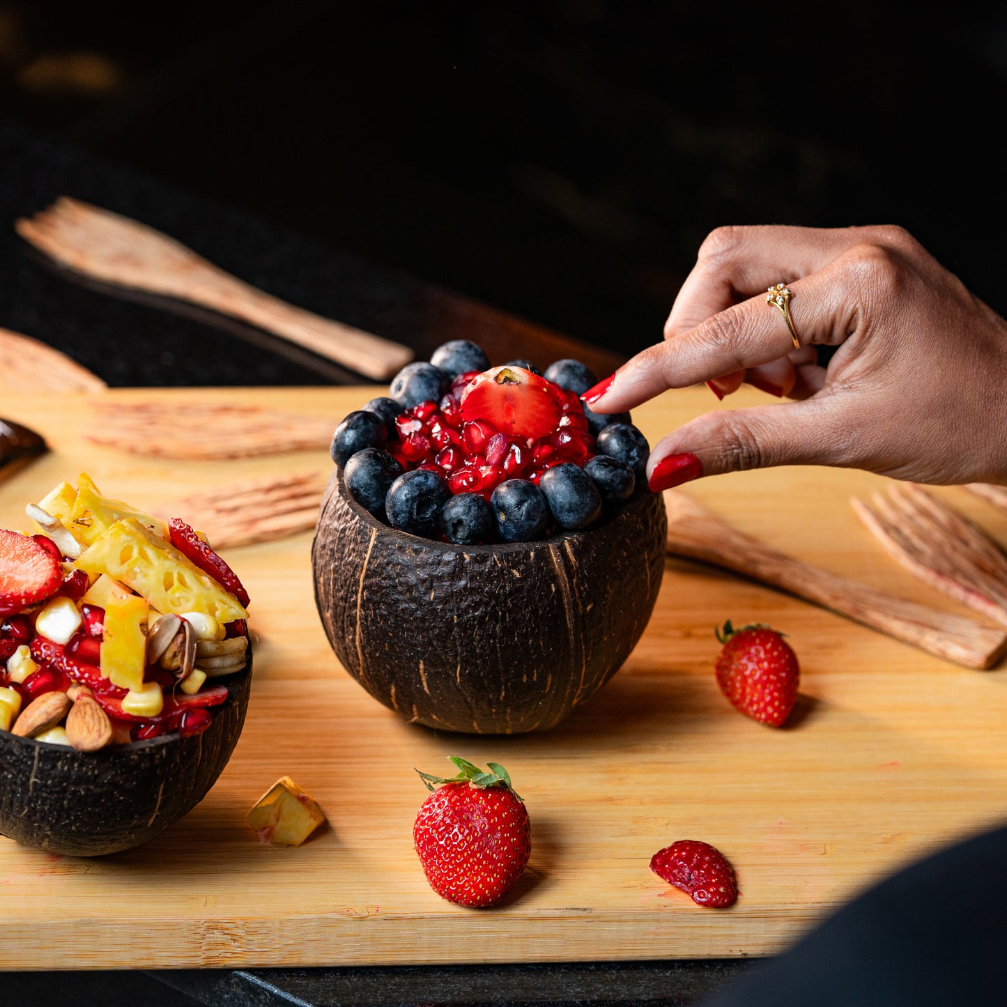 Natchu's Coconut Shell and wood based Mattee Bowl (450ml) , Spoon & Fork Combo (Set of 2 each)