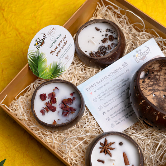Gifting Natchu's Coconut Shell based Candle Holder Glossy Floral Design with Larger Holes(Set of 1) and Candles as Glossy Round (100ml) Bowls filled with Rose & Spices Toppings(Set of 1 each)