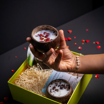 Gifting Natchu's Coconut Shell based Candles as Glossy Round (150ml) Bowls filled with Rose, Spices & Coffee BeansToppings (Set of 1 each)