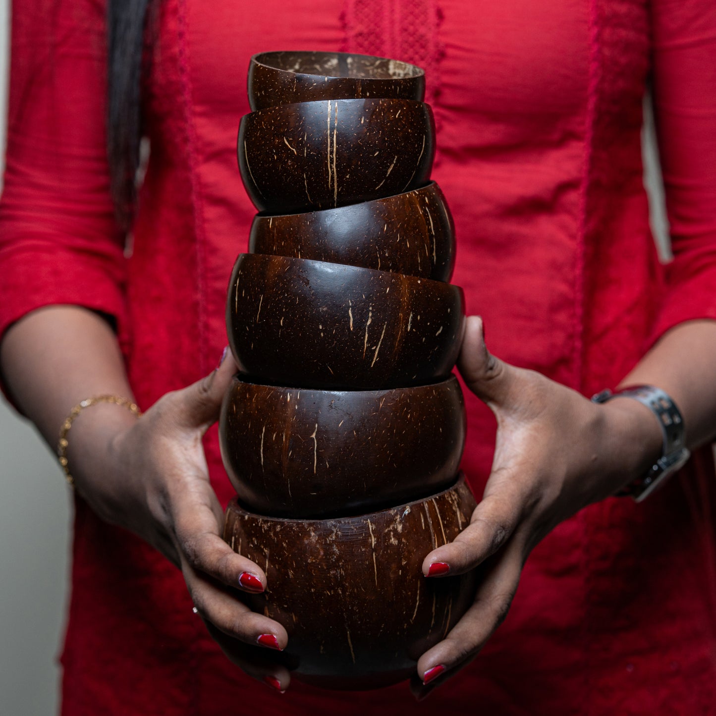 Natchu's Coconut Shell and wood based Glosyy Bowl(450ml) , Spoon & fork Combo (Set of 2 each)