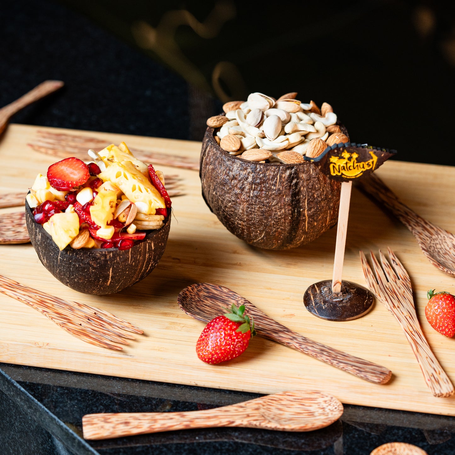 Natchu's Coconut Shell and wood based Mattee Bowl (150ml) , Spoon Combo (Set of 2 each)