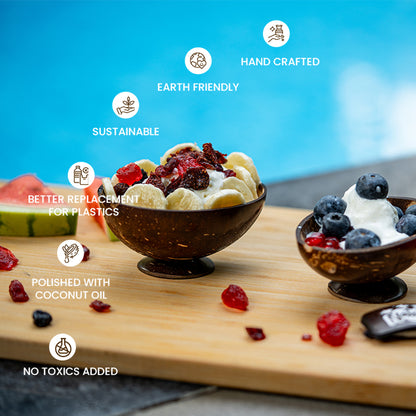 Natchu's Coconut Shell based Glossy Oval Bowl(150ml) with Base with Spoon Combo (set of 6 each)