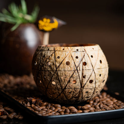 Natchu's Coconut Shell based Candle Holder Geometrical Mattee Design (Set of 2)