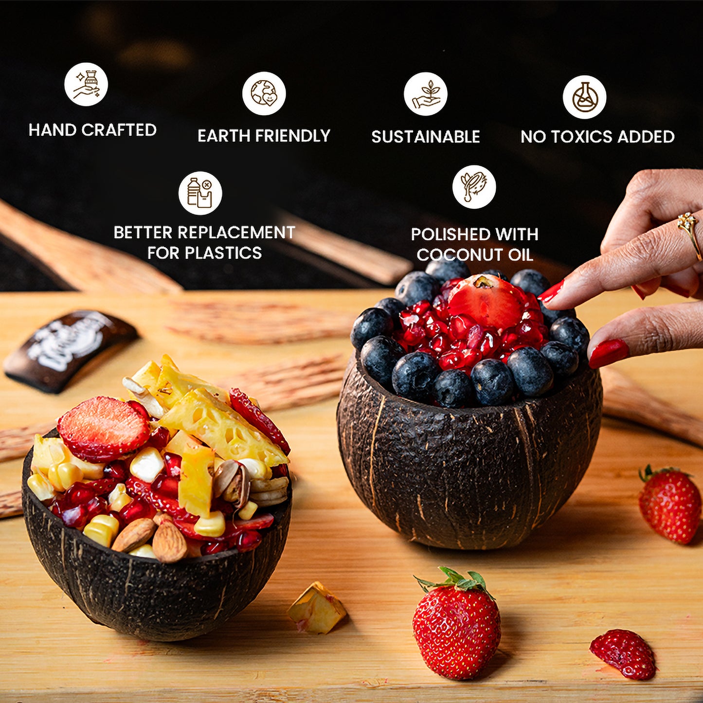 Natchu's Coconut Shell and wood based Mattee Bowl (250ml), Spoon and Fork Combo (Set of 2 each)