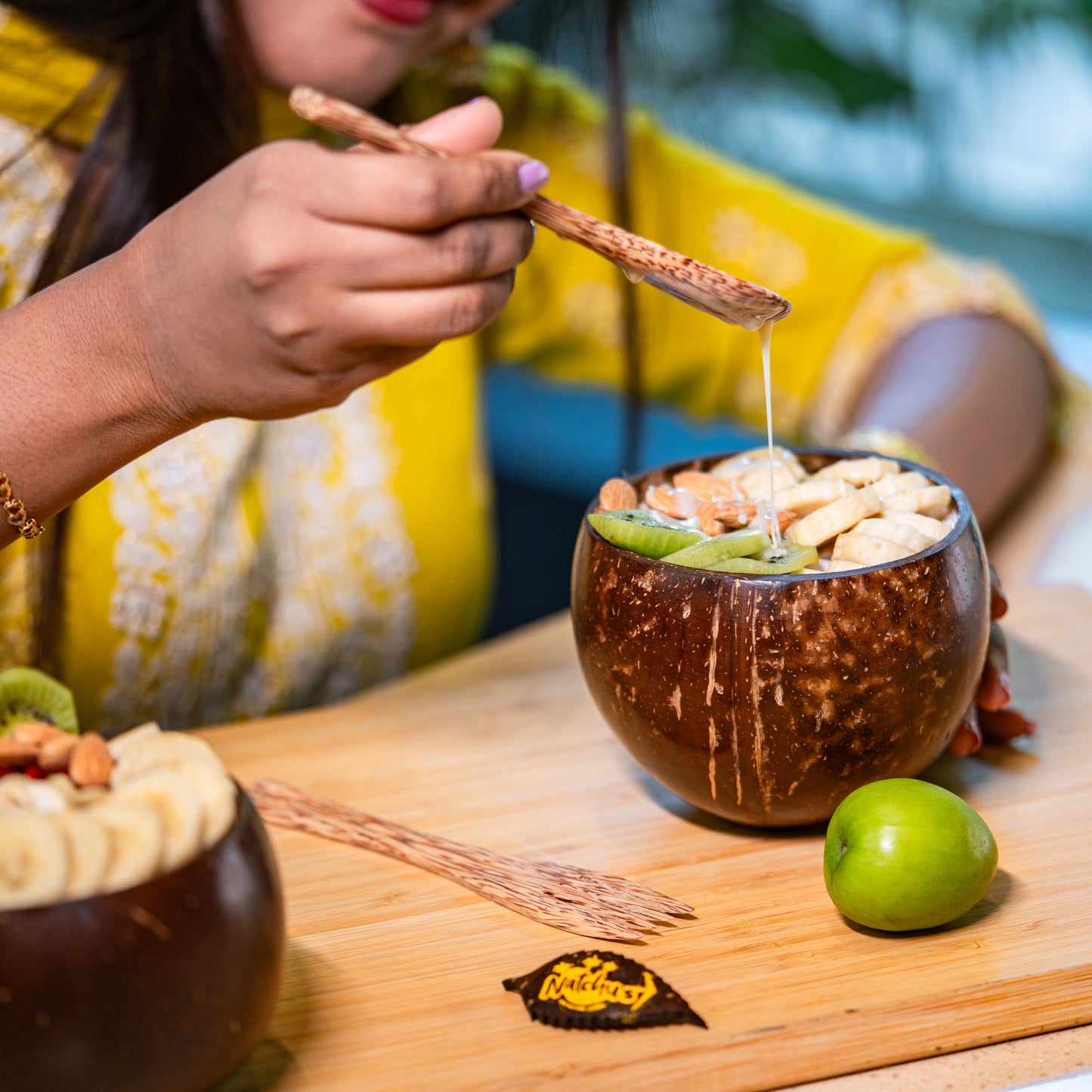 Natchu's Coconut Shell and wood based Glosyy Bowl(450ml) , Spoon & fork Combo (Set of 2 each)