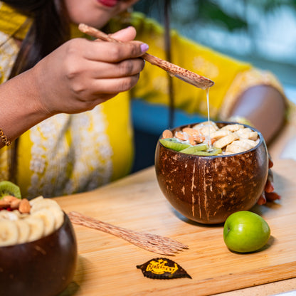 Natchu's Coconut Shell and wood based Glosyy Bowl(450ml) , Spoon & fork Combo (Set of 2 each)
