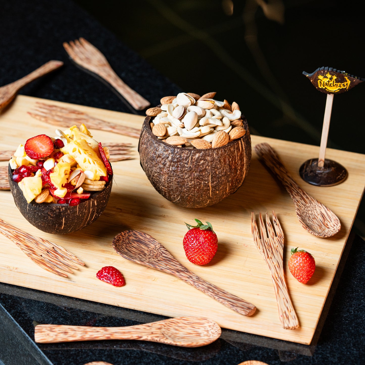 Natchu's Coconut Shell and wood based Mattee Bowl (450ml) , Spoon & Fork Combo (Set of 2 each)