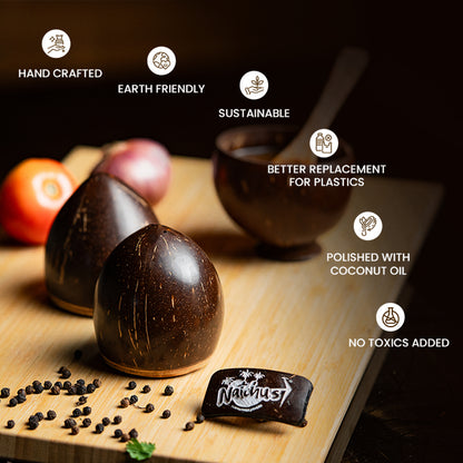 Natchu's Coconut Shell and wood based Salt/Pepper Shaker in Conical Shape with Engraving (Set of 2)