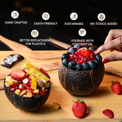 Natchu's Coconut Shell and wood based Mattee Bowl (350ml) , Spoon & Fork Combo (Set of 2 each)