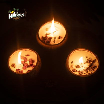 Natchu's Coconut Shell based Candles Mattee Round (150ml) - Rose, Spices & Coffee Beans Toppings (Set of each 1)