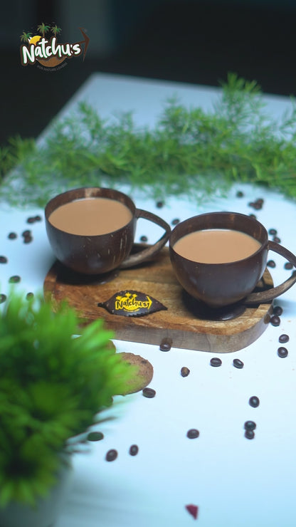 Natchu's Wooden Rectangular Plate(Size: 8 *5 inches) (Set of 1) with Coconut Shell based Tea Cup with Coconut Shell Handle (250ml) (Set of 2 each)