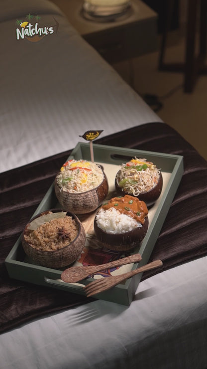 Natchu's Wooden Rectangular Plate(12" *9") (Set of 1) and Designer Rice Bowl (900ml) Vertical Design Type-1 with Spoon & Fork Combo  (Set of 2 each)
