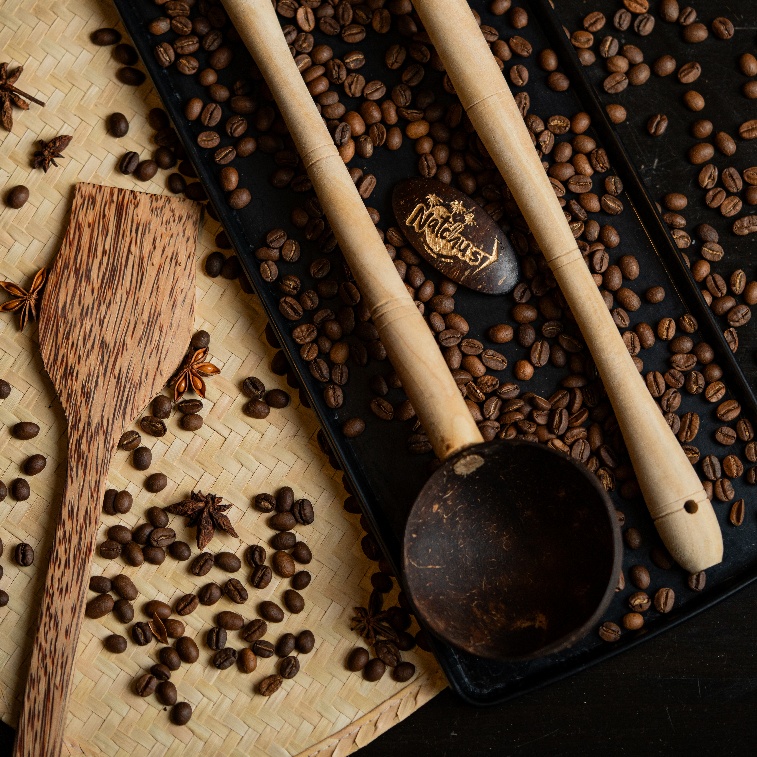 Coconut shell and wood ladle and spatula combo
